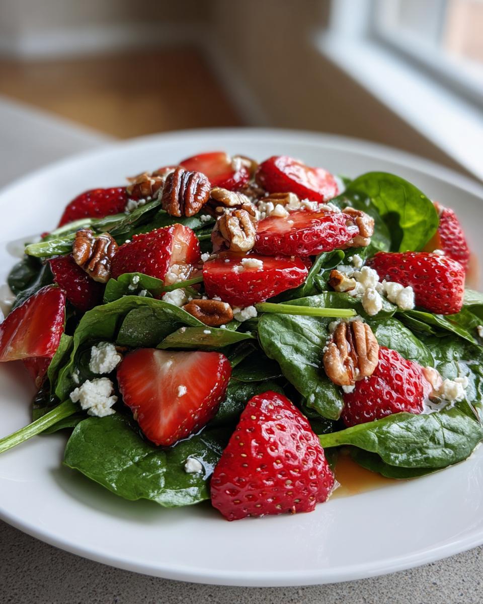 Close-up of a fresh Strawberry spinach salad featuring sliced strawberries, pecans, and crumbled cheese on a white plate.