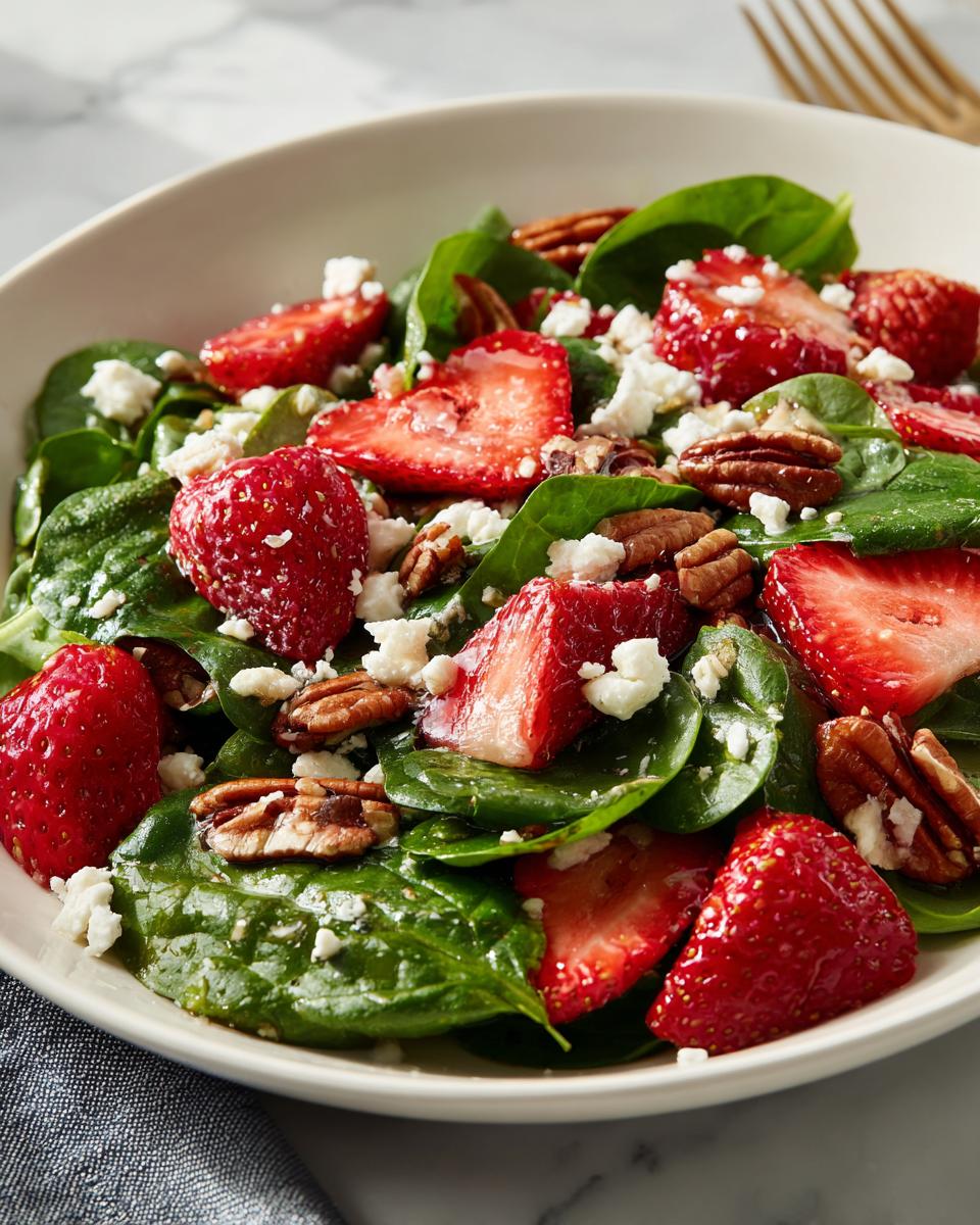 A vibrant bowl of Strawberry Spinach Salad featuring fresh spinach, sliced strawberries, feta cheese crumbles, and pecans.