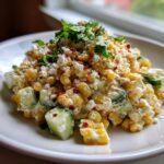 A serving of street corn creamy cucumber chicken salad topped with cotija cheese, chili powder, and fresh cilantro.