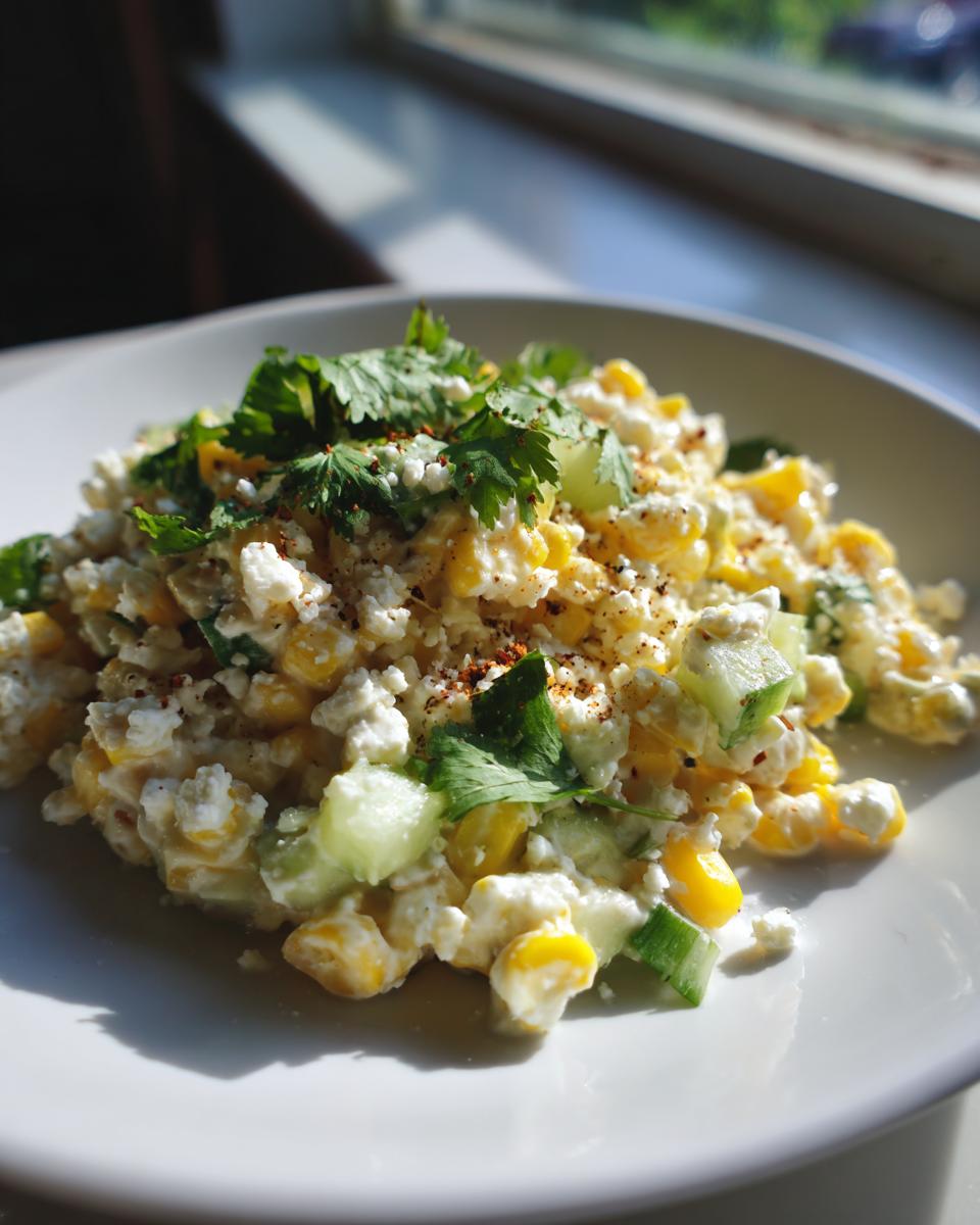 Close-up of street corn creamy cucumber chicken salad with crumbled white cheese and fresh cilantro.