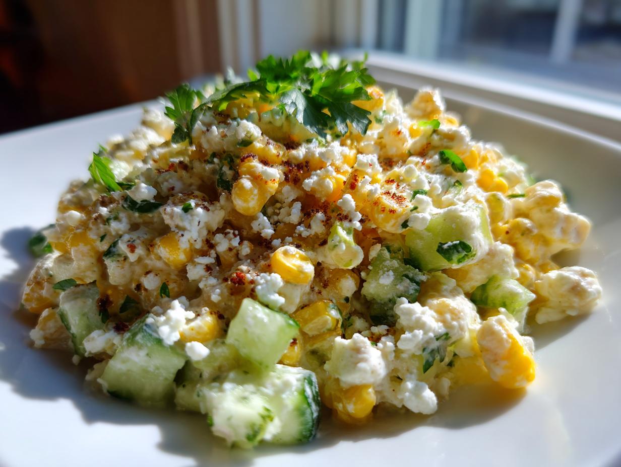 A close-up of street corn creamy cucumber chicken salad featuring corn, diced cucumber, white cheese, and parsley garnish.