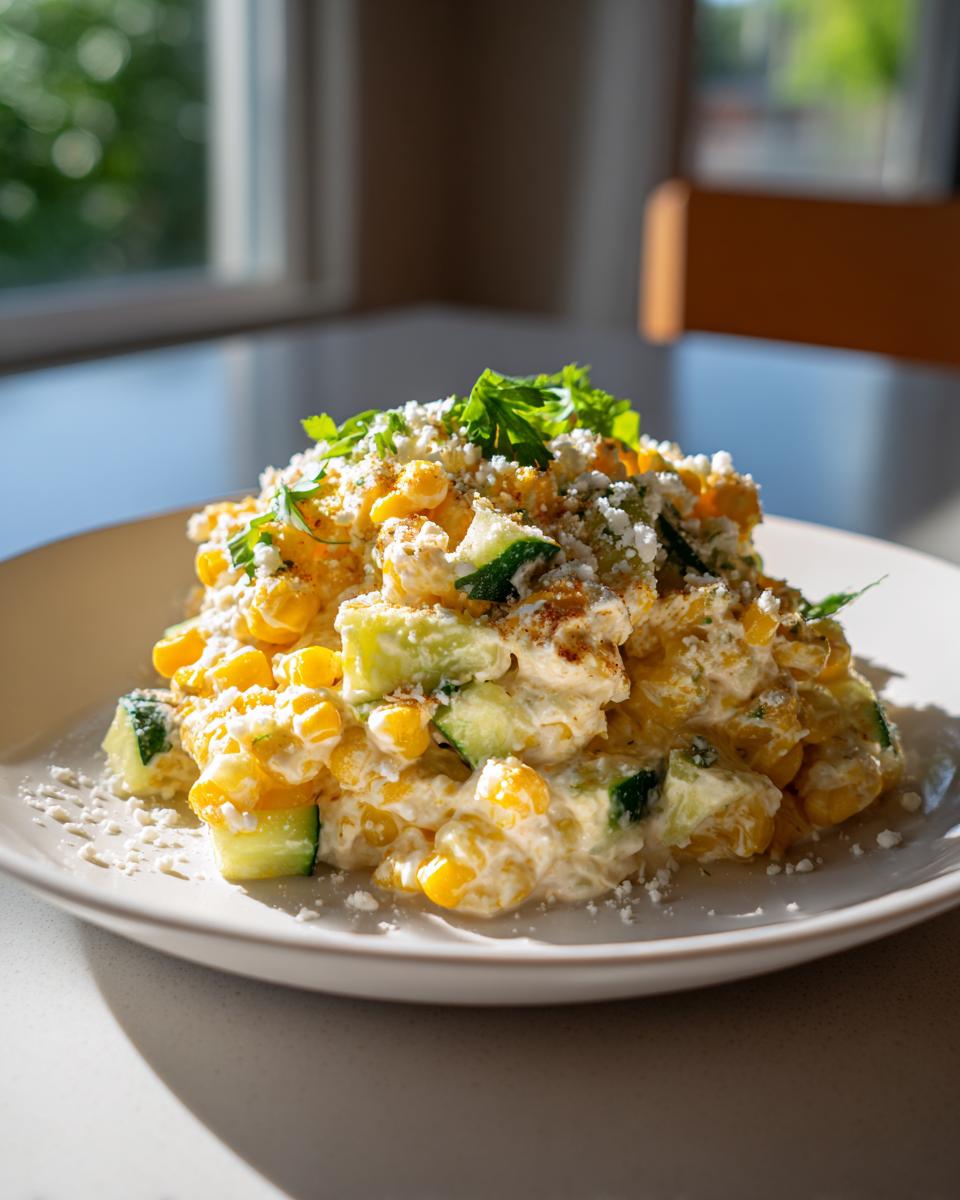 A serving of street corn creamy cucumber chicken salad topped with cotija cheese and parsley.