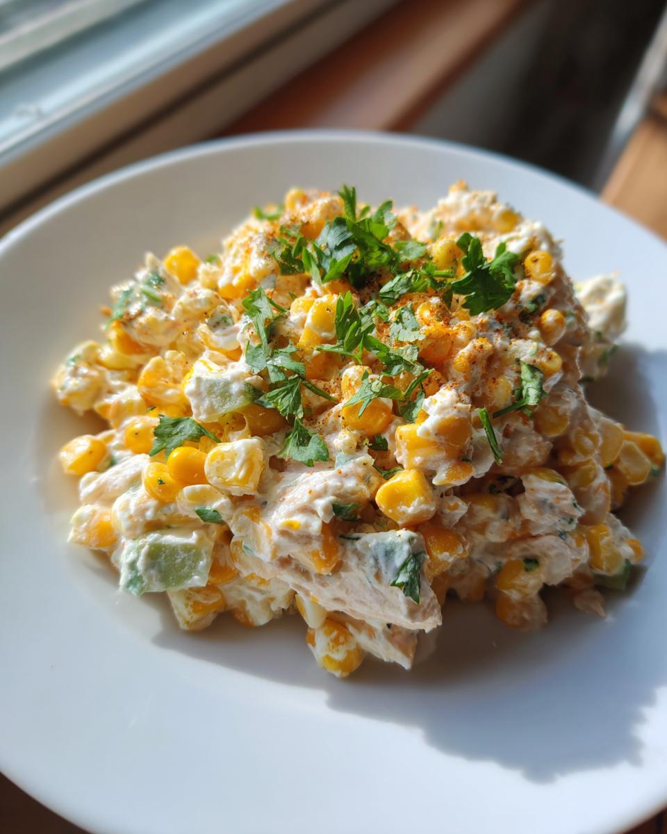 A close-up of street corn creamy cucumber chicken salad topped with fresh parsley and spices on a white plate.