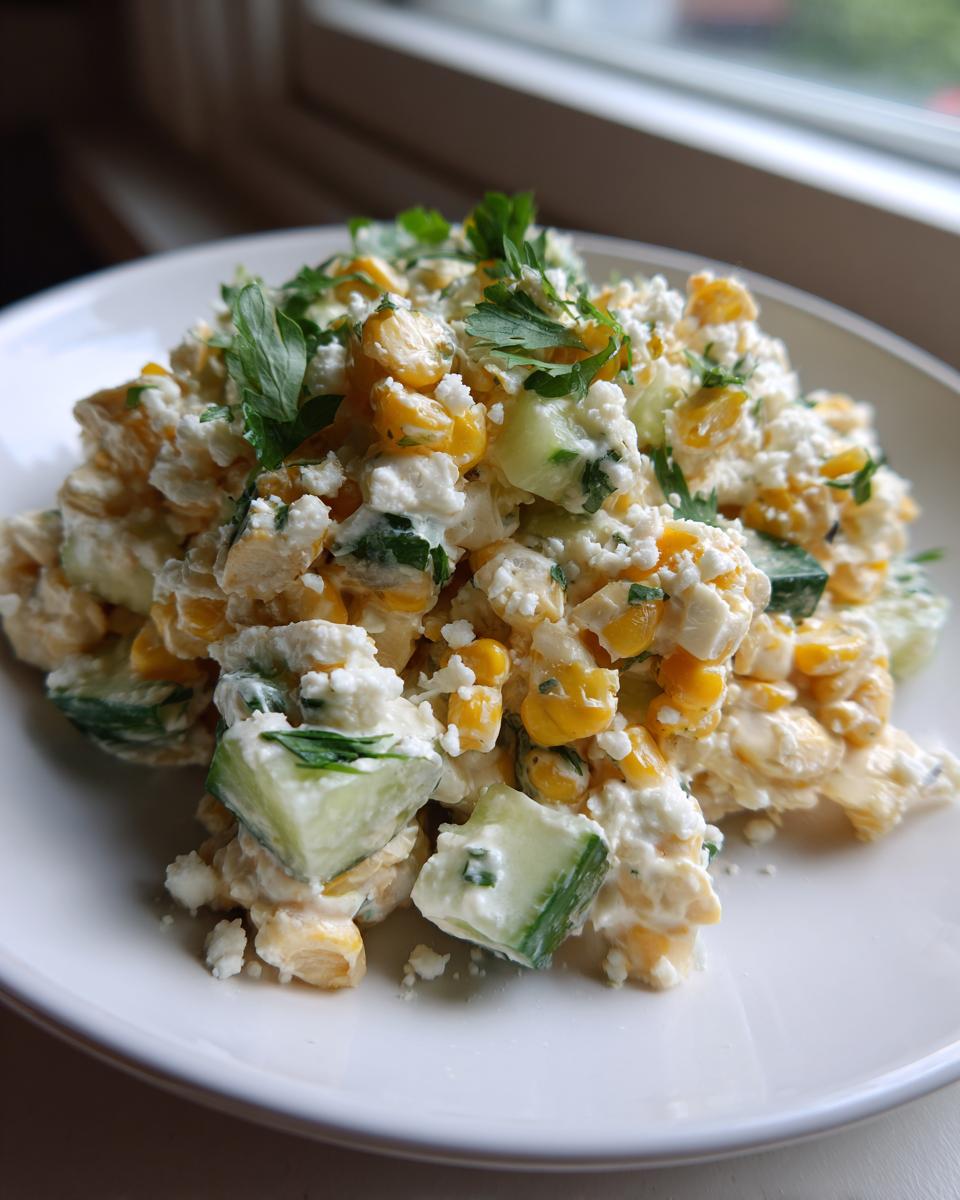 Close-up of street corn creamy cucumber chicken salad featuring corn, cucumber chunks, and white cheese, garnished with parsley.