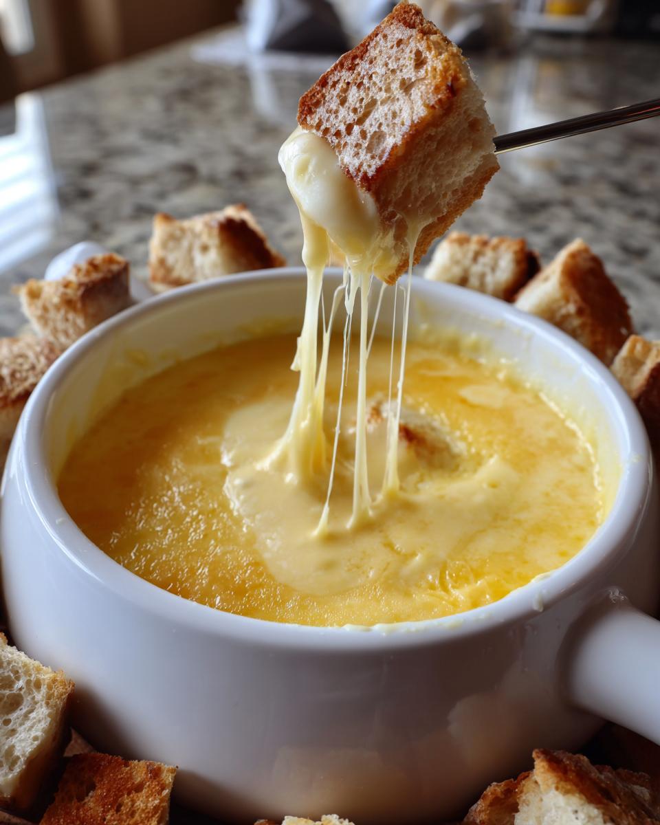 A piece of crusty bread is dipped into a white bowl of hot, gooey cheese fondue recipe, showing long cheese pulls.