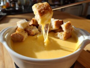 A piece of toasted bread is dipped into a white bowl of creamy, yellow cheese fondue recipe, showing long cheese pulls.