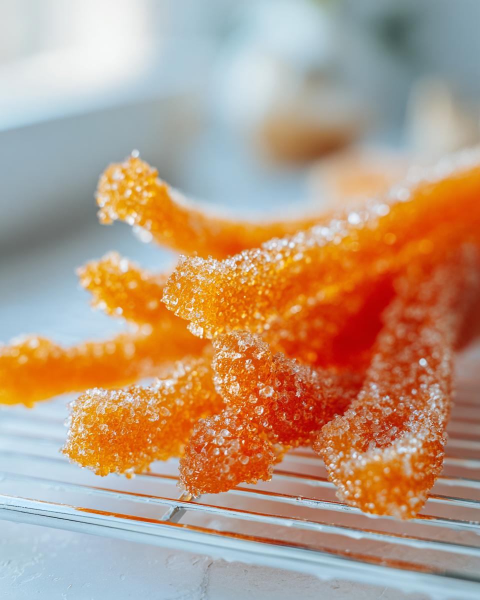 Close-up of bright orange candied orange peel strips heavily coated in sparkling white sugar, resting on a cooling rack.