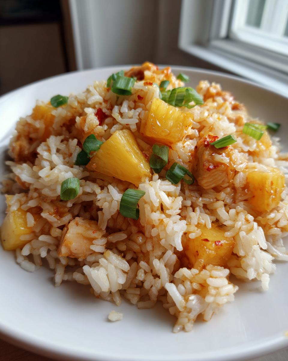 Close-up of sweet and savory pineapple chicken and rice, featuring white rice, chunks of pineapple, and green onions.