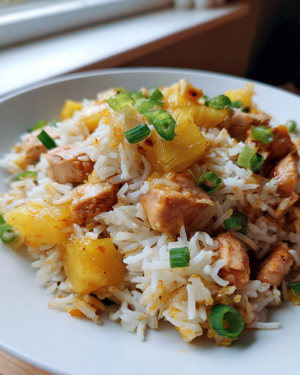 Close-up of a bowl of sweet and savory pineapple chicken and rice topped with green onions.