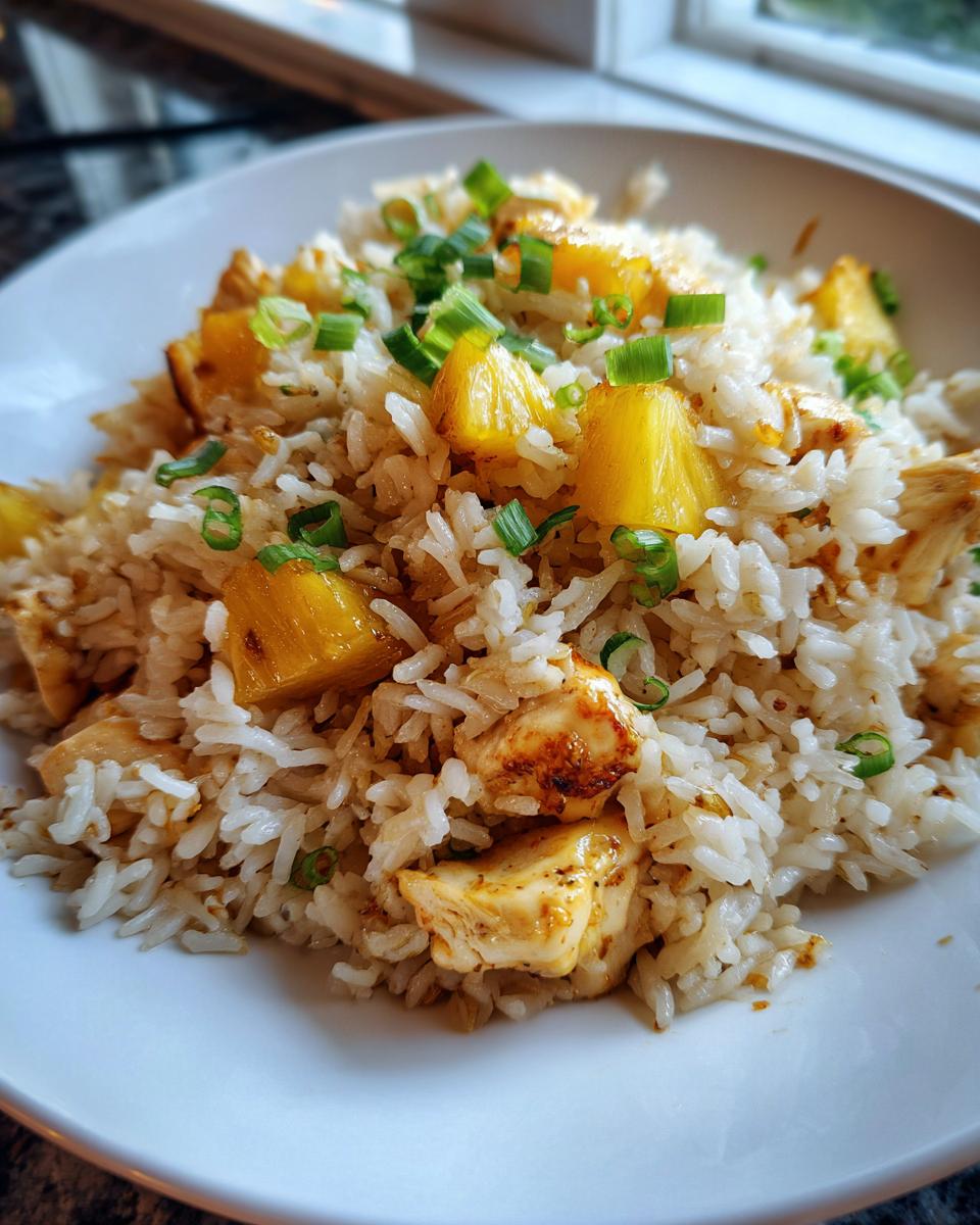 A close-up of a white bowl filled with sweet and savory pineapple chicken and rice, topped with green onions.