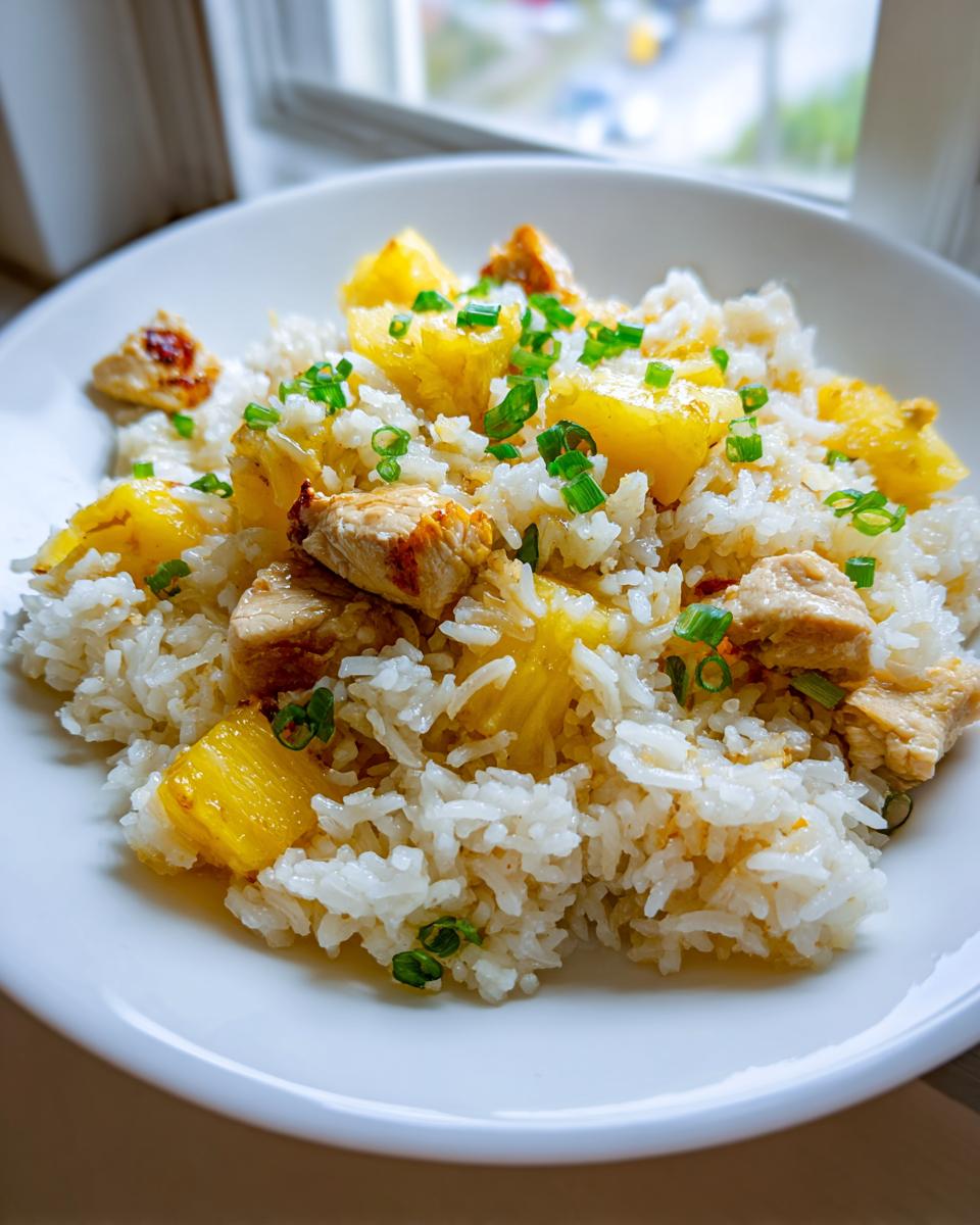 A close-up of a white bowl filled with sweet and savory pineapple chicken and rice, topped with green onions.