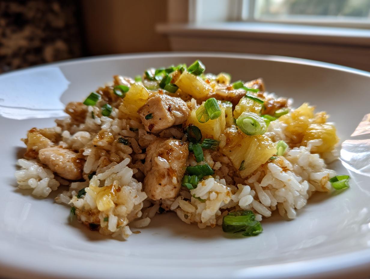 Close-up of a plate featuring sweet and savory pineapple chicken and rice topped with green onions.