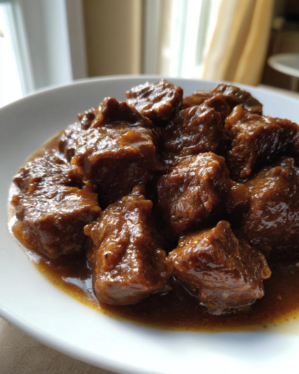 Close-up of tender crockpot beef tips swimming in a rich, brown savory sauce served in a white bowl.