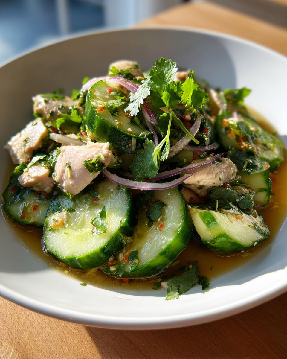 Close-up of a refreshing thai cucumber salad with chicken, featuring sliced cucumbers, chicken pieces, red onion, and cilantro in a savory dressing.