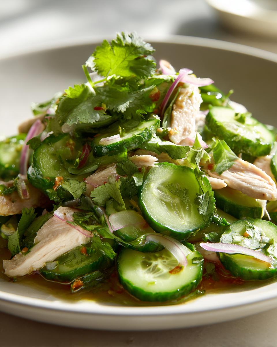 Close-up of vibrant thai cucumber salad with chicken, featuring sliced cucumbers, shredded chicken, and fresh cilantro.