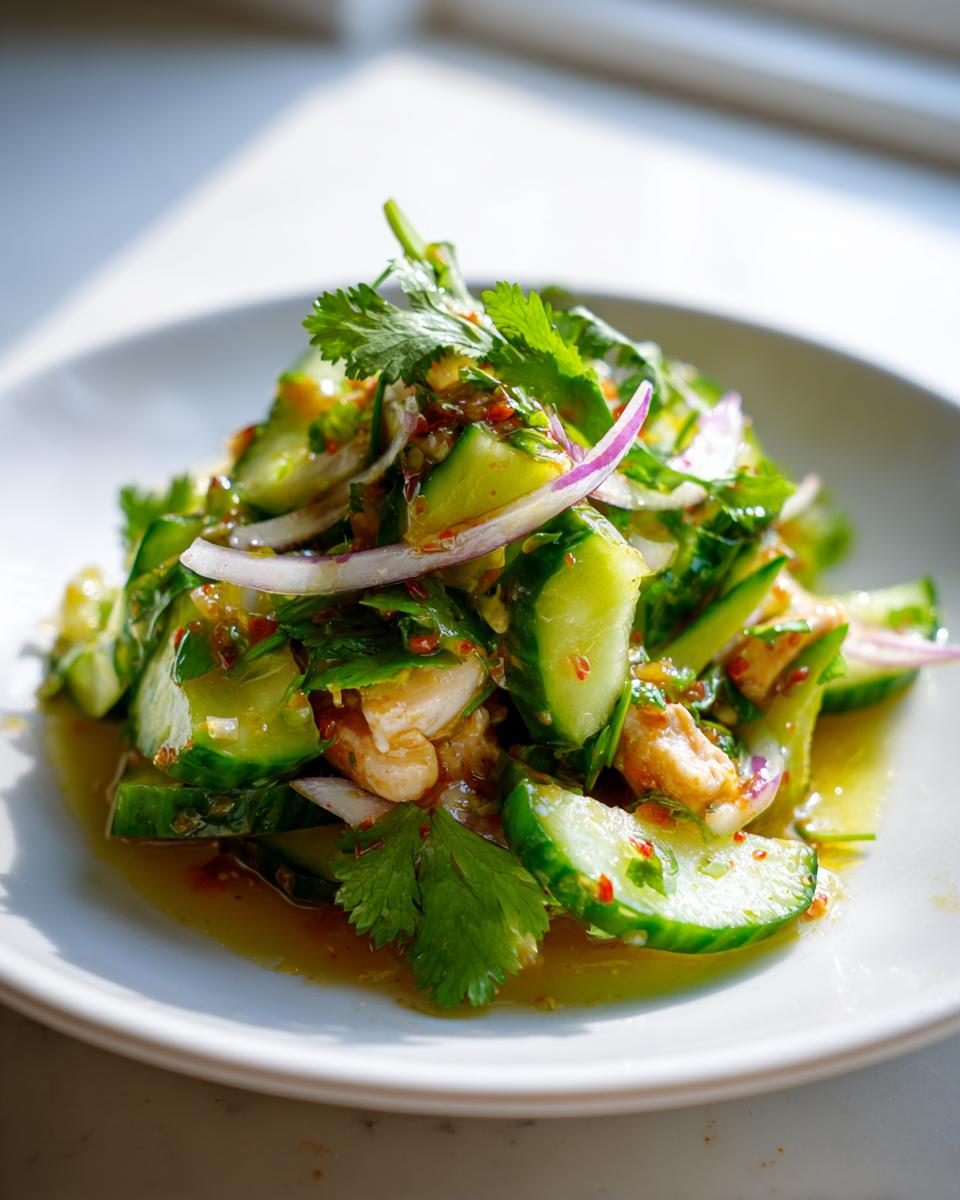 Close-up of a vibrant thai cucumber salad with chicken, featuring sliced cucumbers, red onion, and fresh cilantro in a dressing.