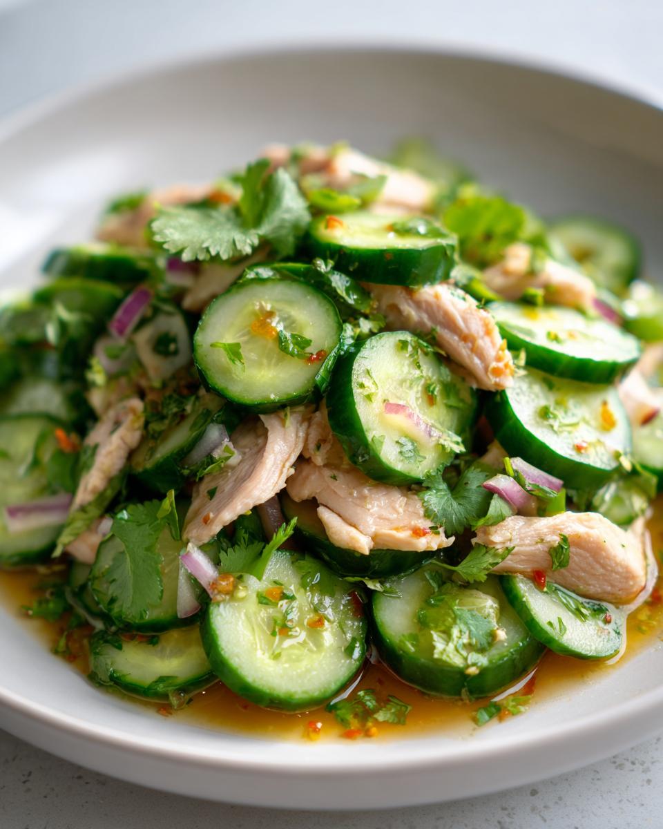 A vibrant close-up of thai cucumber salad with chicken, featuring sliced cucumbers, shredded chicken, cilantro, and red onion in dressing.