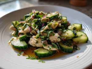 A close-up of a refreshing thai cucumber salad with chicken chunks, red onion, and herbs served on a white plate with dressing pooling at the bottom.