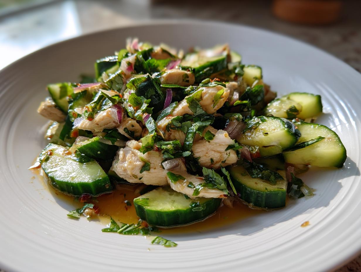 A close-up of a refreshing thai cucumber salad with chicken chunks, red onion, and herbs served on a white plate with dressing pooling at the bottom.