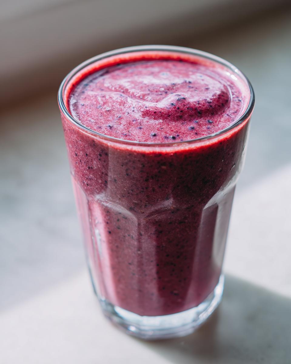 Close-up of a thick, vibrant purple healthy fruit smoothie with kefir in a tall glass.