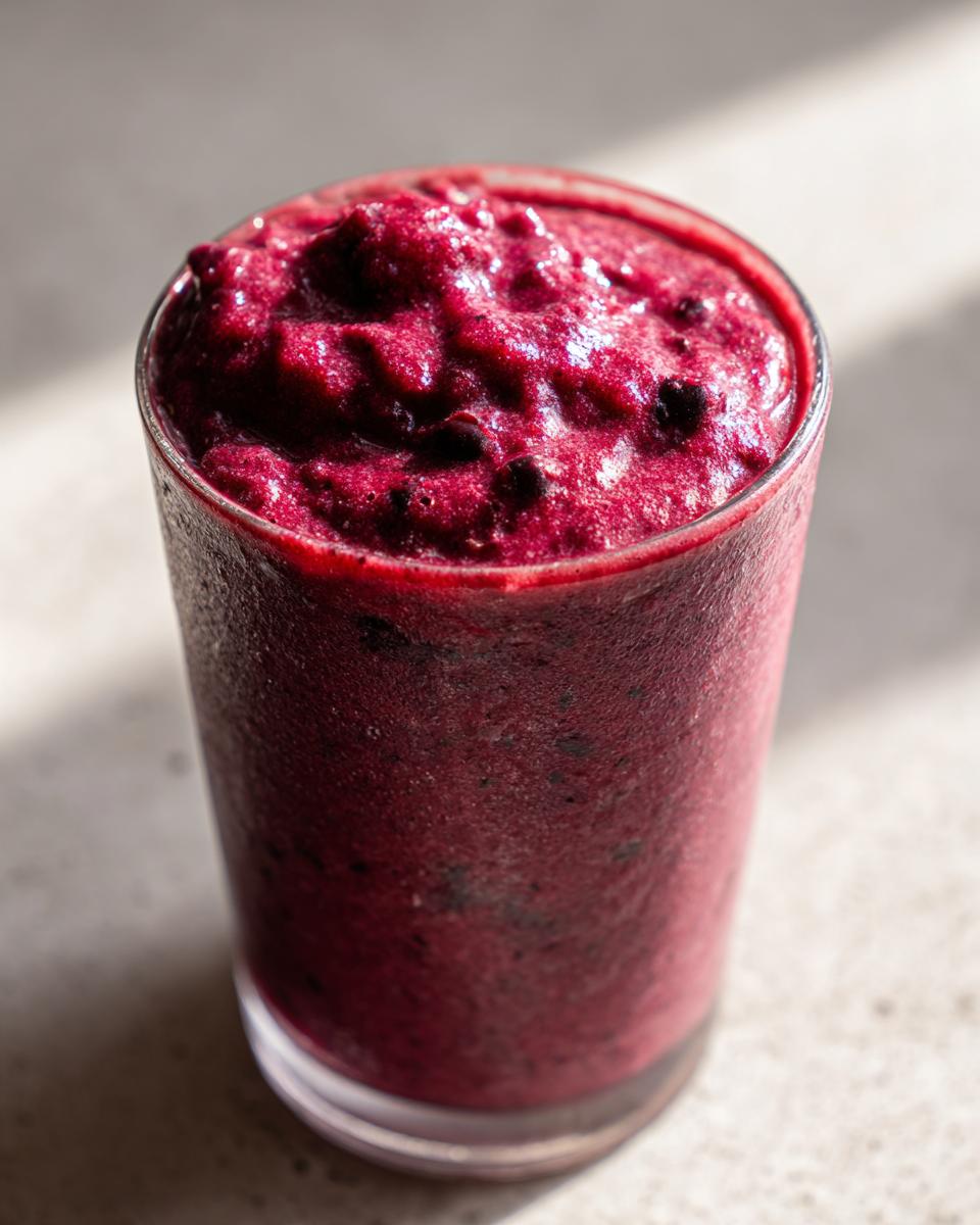 Close-up of a thick, vibrant purple healthy fruit smoothie with kefir in a glass, illuminated by natural light.