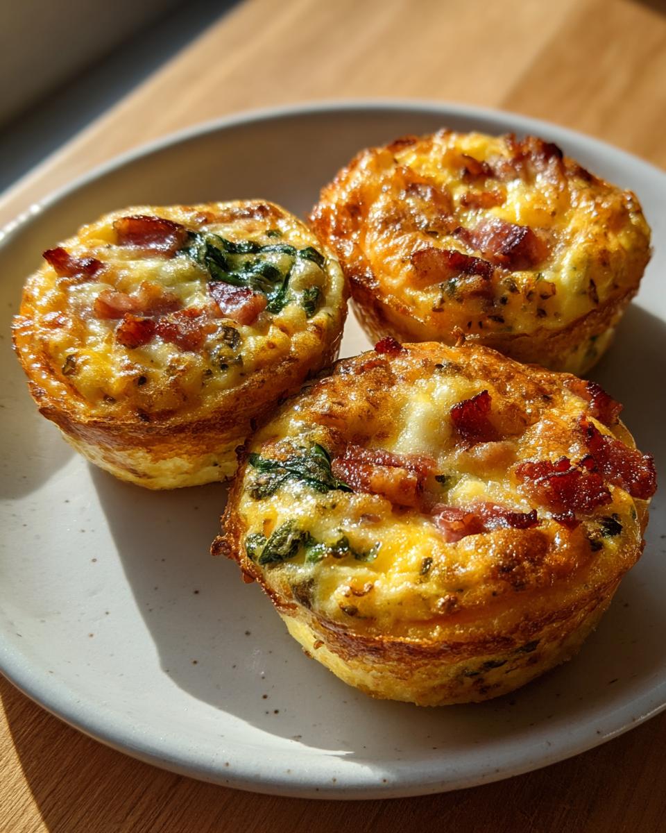 Three perfectly baked keto egg bites topped with crispy bacon pieces and visible spinach on a speckled white plate.