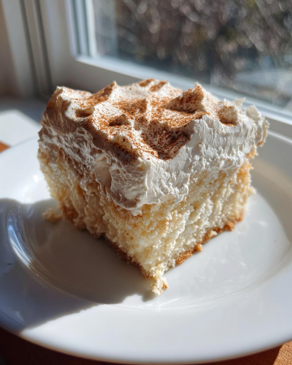 A square slice of moist Tres leches cake topped with fluffy whipped cream and a dusting of cinnamon.