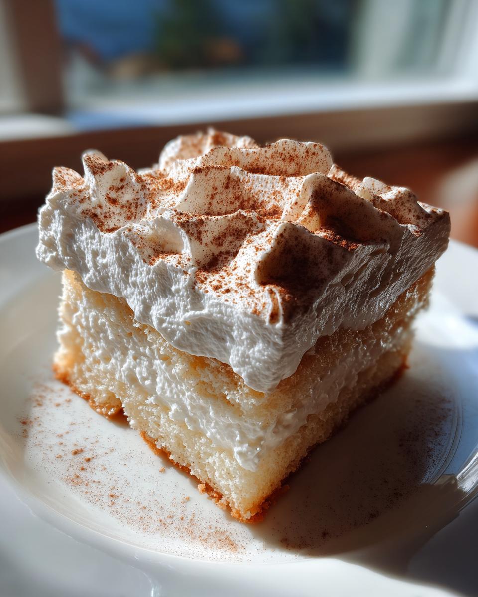 A perfect square slice of moist Tres leches cake topped with piped whipped cream and dusted with cinnamon.