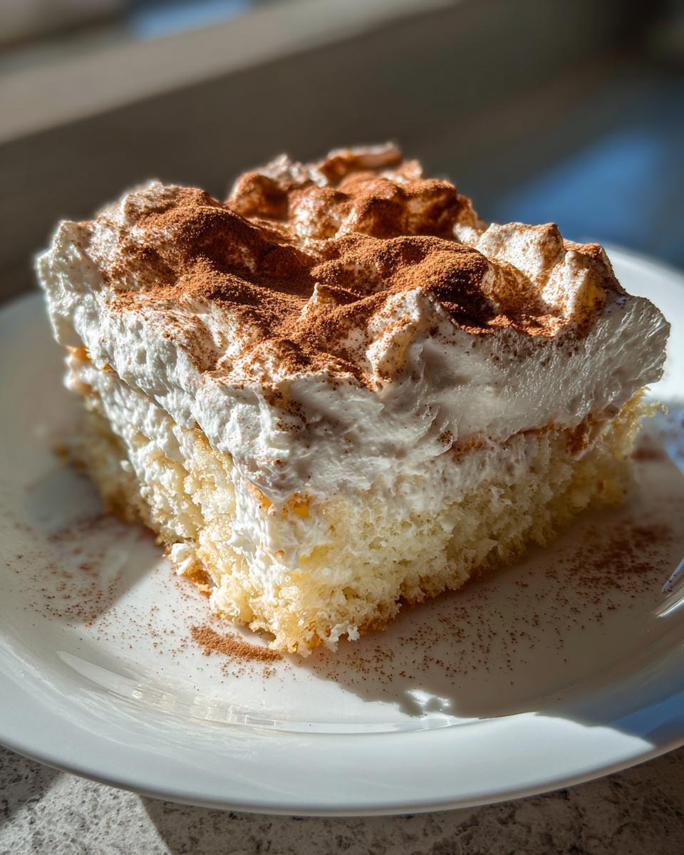 A close-up of a moist slice of Tres leches cake topped with thick whipped cream and dusted heavily with cinnamon.