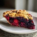 A close-up of a juicy slice of triple berry pie showing the rich berry filling and golden, flaky lattice crust.
