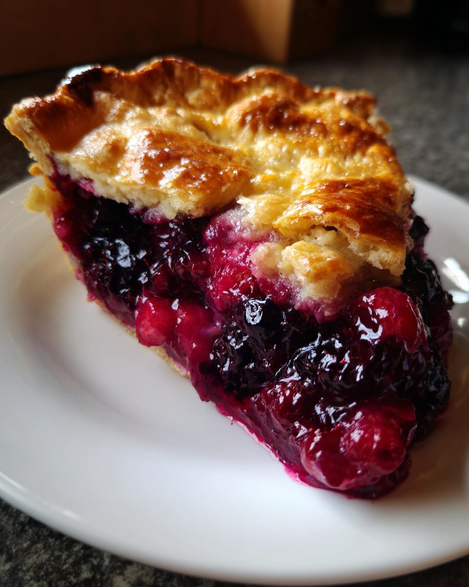 Close-up of a delicious slice of triple berry pie showing a golden, flaky crust and rich, dark berry filling.
