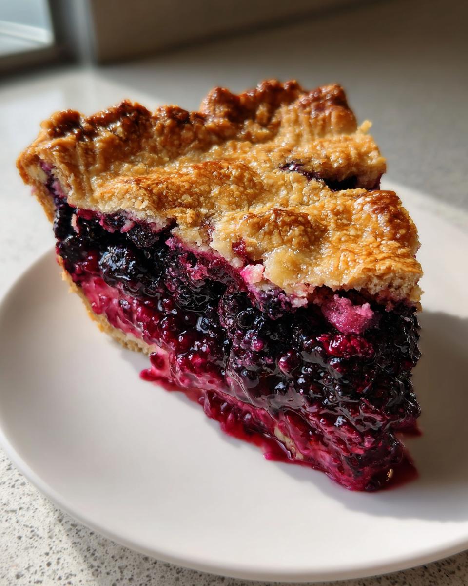 A close-up slice of triple berry pie showing a golden, flaky crust and a rich, dark purple berry filling.
