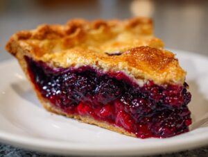Close-up of a slice of triple berry pie showing a golden, flaky crust and a rich, deep purple berry filling.