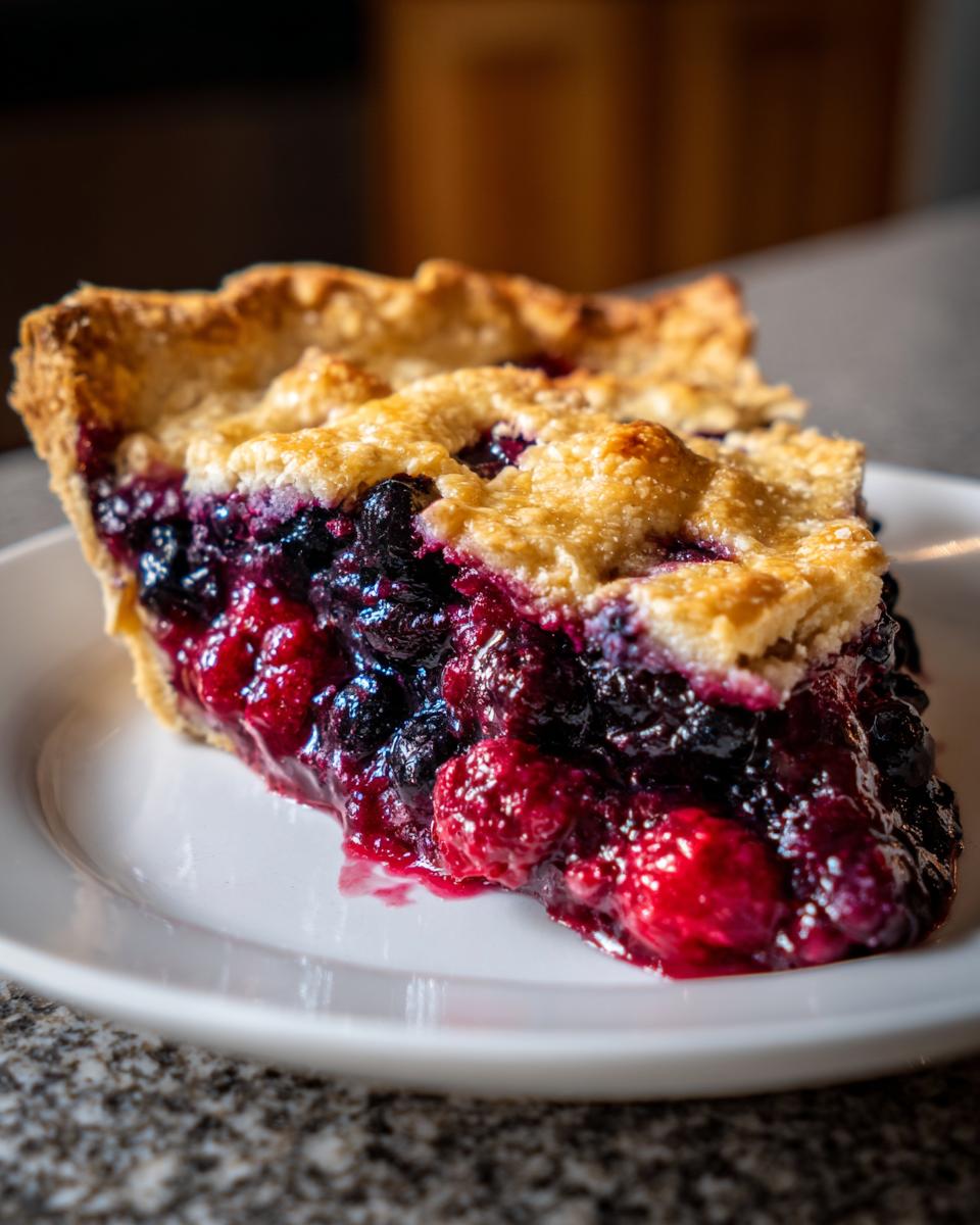 Close-up of a slice of triple berry pie showing a flaky, golden crust and a rich, dark filling of mixed berries.