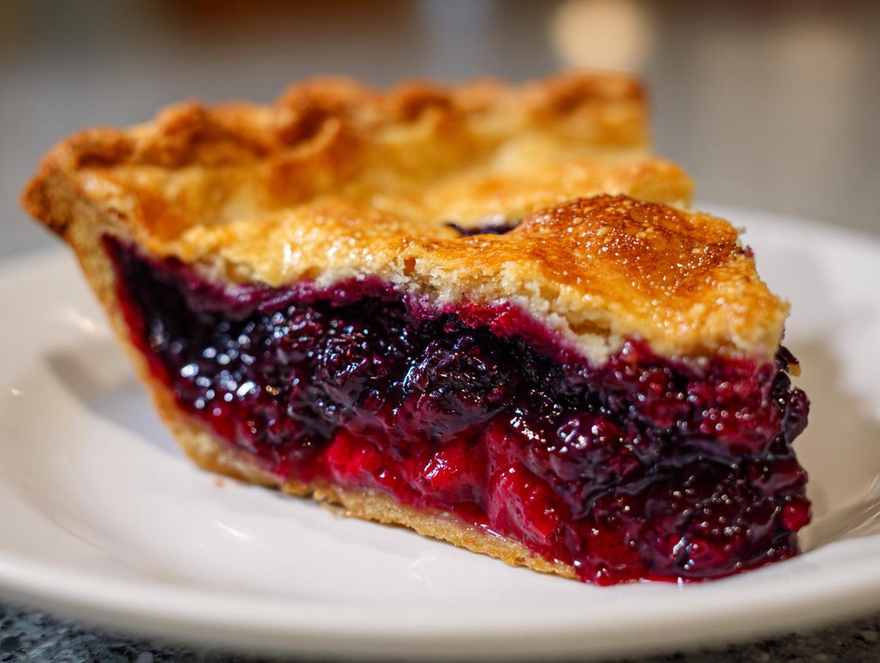 Close-up of a slice of triple berry pie showing a golden, flaky crust and a rich, deep purple berry filling.