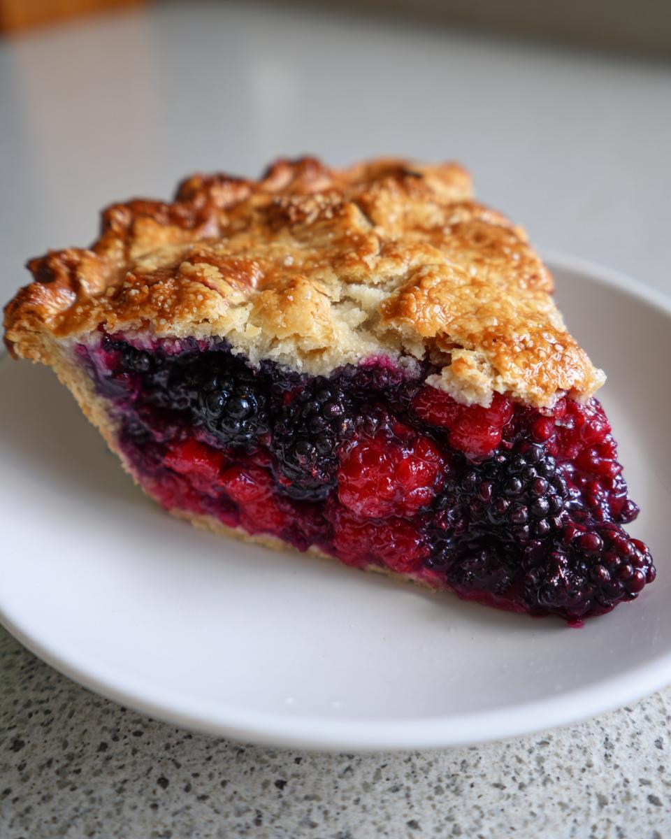 A close-up of a perfect slice of triple berry pie showing the flaky, golden crust and vibrant mixed berry filling.