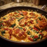 Close-up of pan-seared chicken breasts nestled in creamy Tuscan chicken orzo pasta with spinach and sun-dried tomatoes.