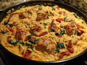 Close-up of creamy Tuscan chicken orzo dish with spinach and sun-dried tomatoes in a black skillet.