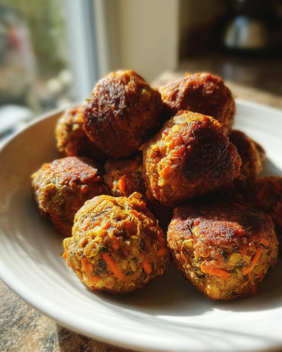 A close-up of several golden-brown vegetarian lentil meatballs piled on a white plate, showing visible carrot shreds.