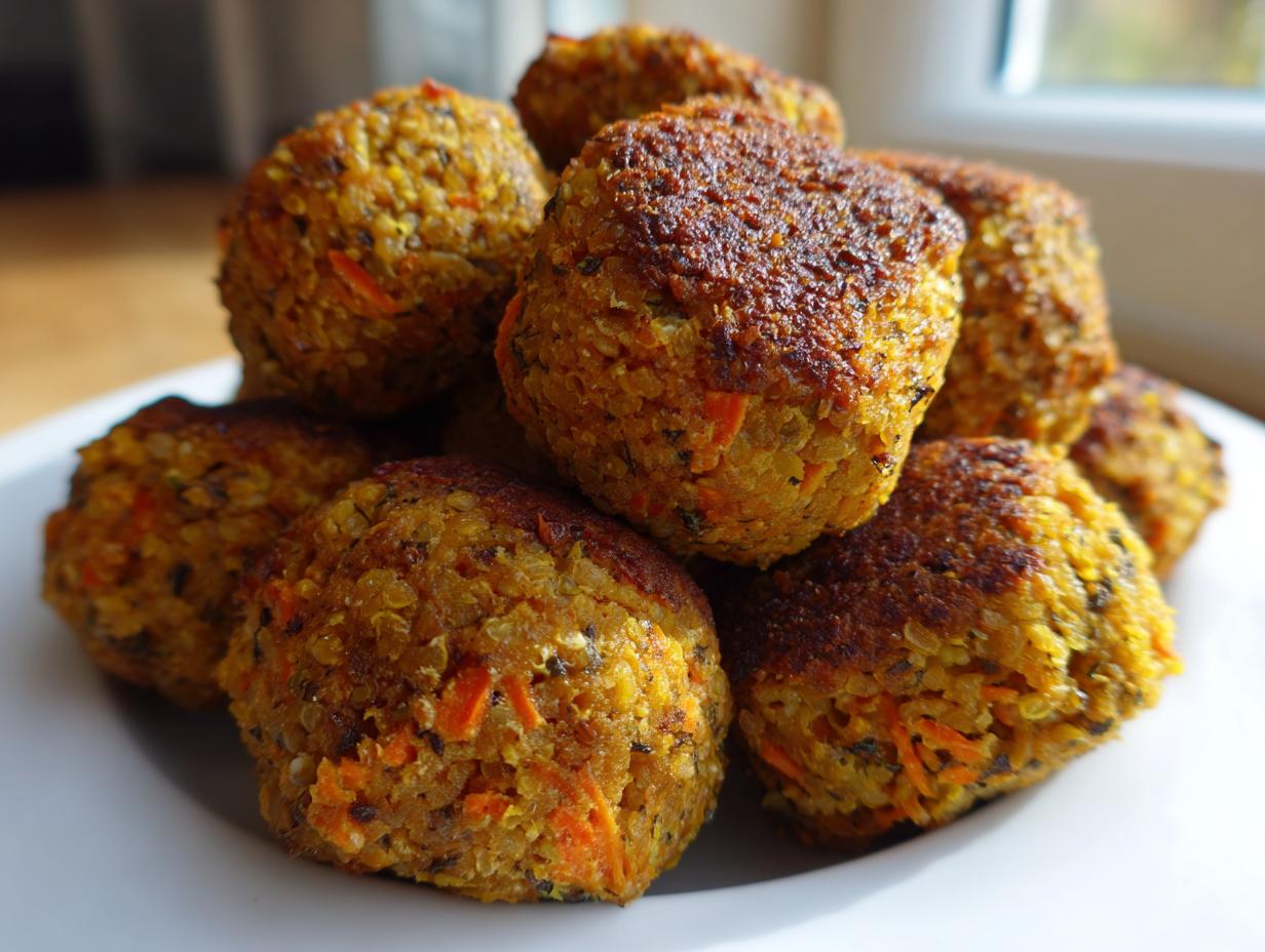 A close-up stack of golden brown vegetarian lentil meatballs with visible quinoa and carrot pieces.