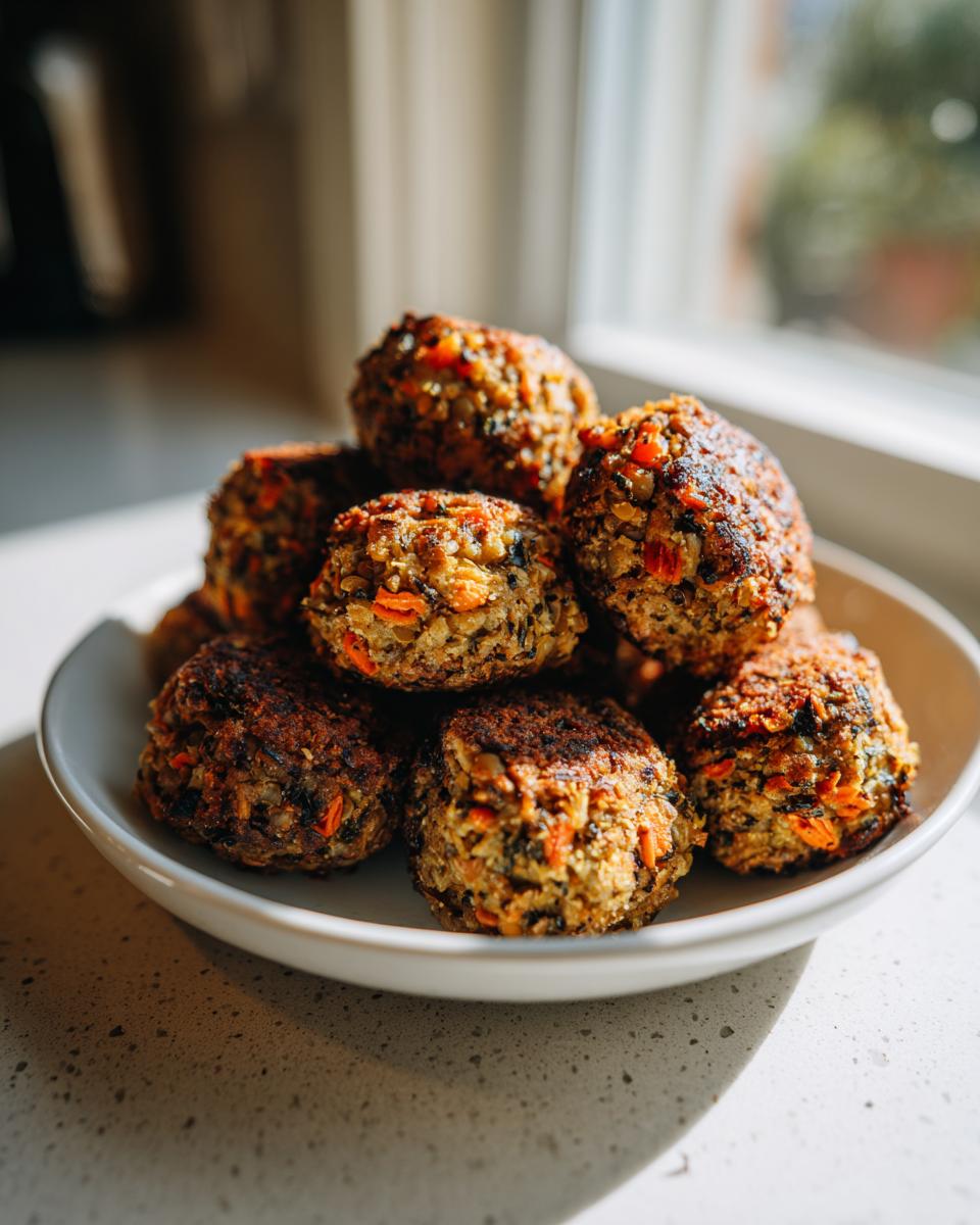 A pile of golden-brown vegetarian lentil meatballs with visible bits of carrot and grains, served in a white bowl.