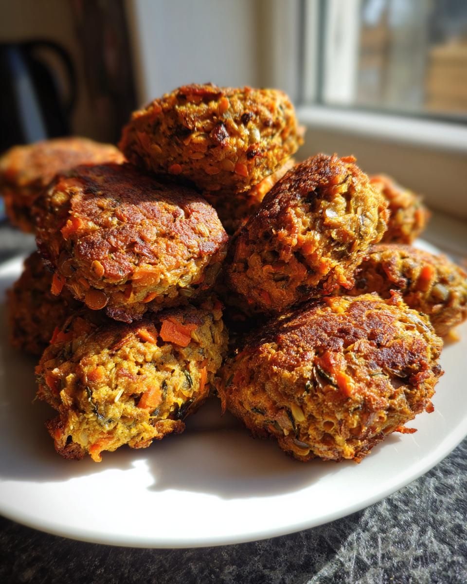 A stack of freshly cooked, golden-brown vegetarian lentil meatballs with visible vegetable chunks on a white plate.