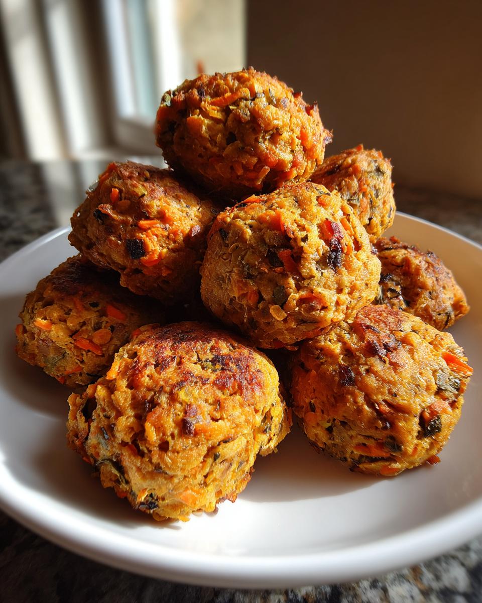 A stack of freshly cooked vegetarian lentil meatballs with visible carrot shreds, served on a white plate.