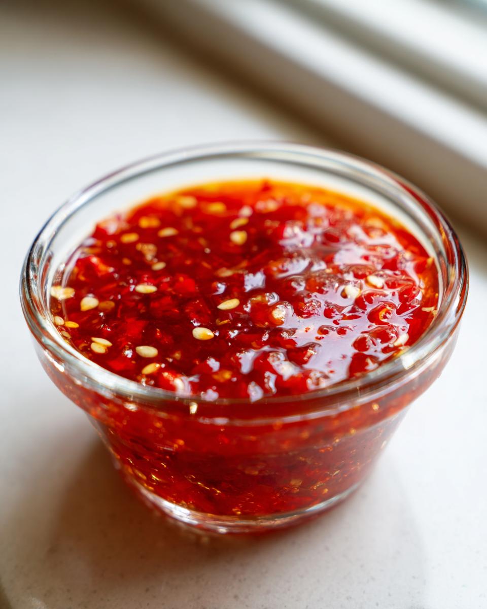 Close-up of vibrant red homemade sweet chili sauce with visible chili flakes and seeds in a small clear glass bowl.