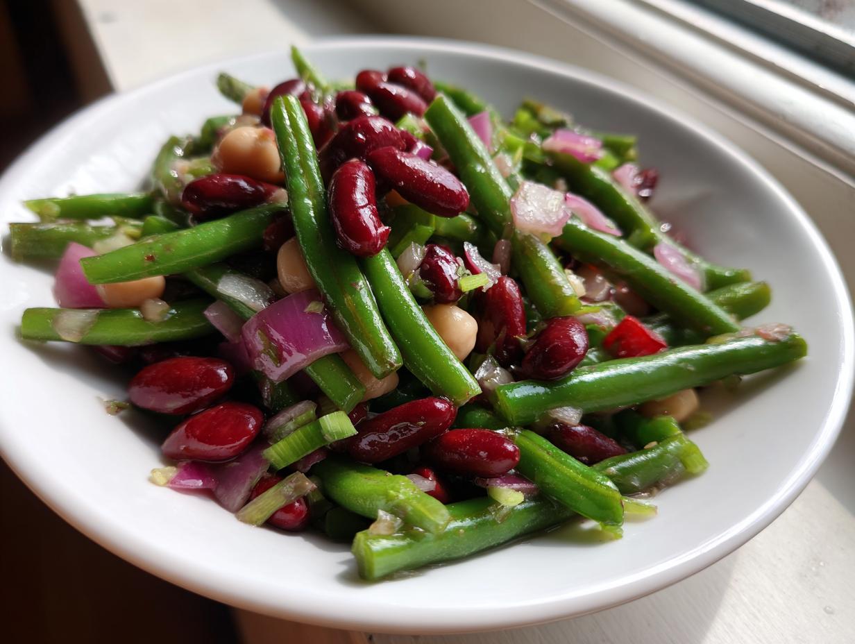 Close-up of a vibrant three bean salad featuring green beans, kidney beans, and chickpeas mixed with red onion.