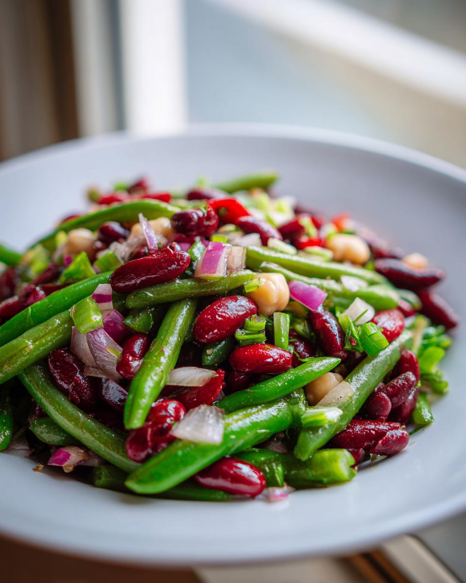 Close-up of a vibrant three bean salad featuring green beans, kidney beans, chickpeas, and red onion.