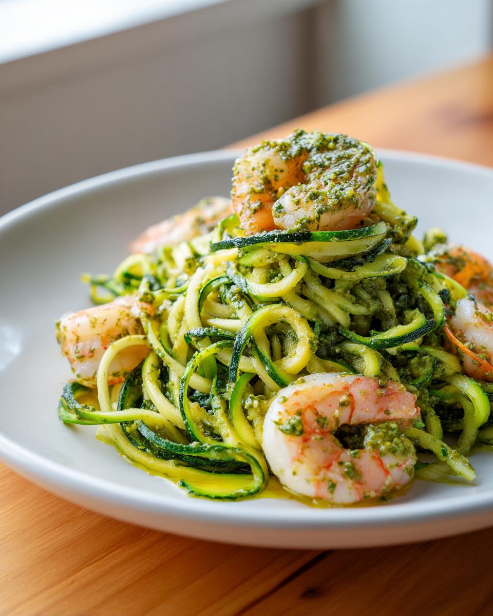 Close-up of zucchini noodles pesto shrimp tossed in vibrant green pesto sauce, served on a white plate.
