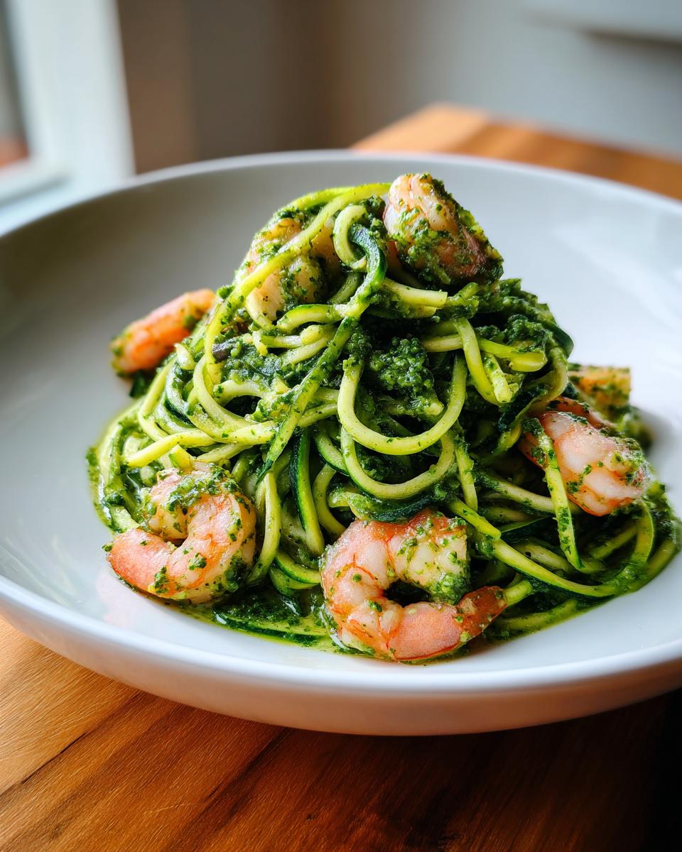 Close-up of zucchini noodles pesto shrimp piled high in a white bowl, ready to eat.