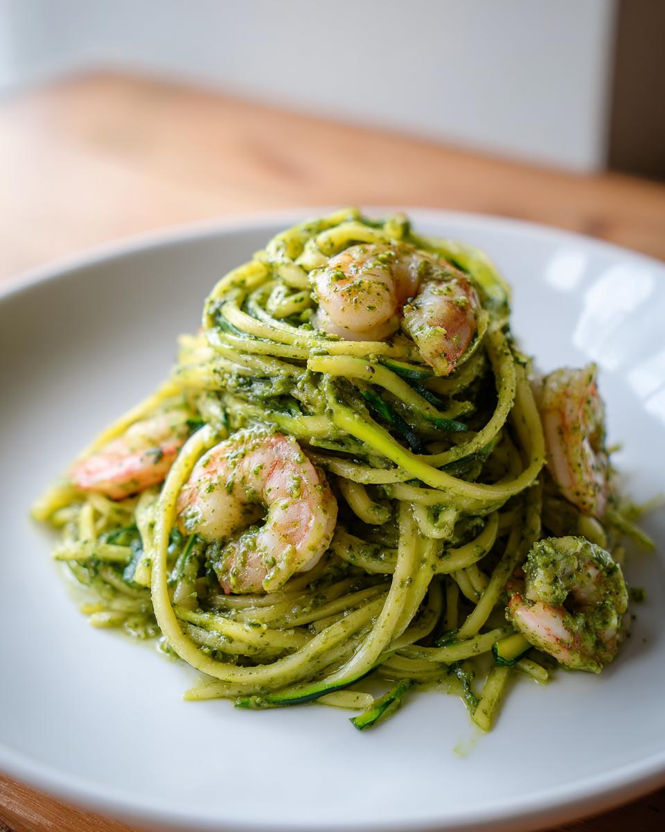 A generous serving of zucchini noodles pesto shrimp piled high on a white plate, showcasing green zucchini spirals coated in pesto sauce and topped with pink shrimp.