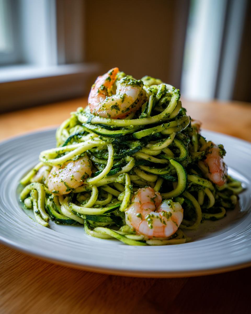 A tall mound of zucchini noodles pesto shrimp tossed in vibrant green pesto, served on a white plate.